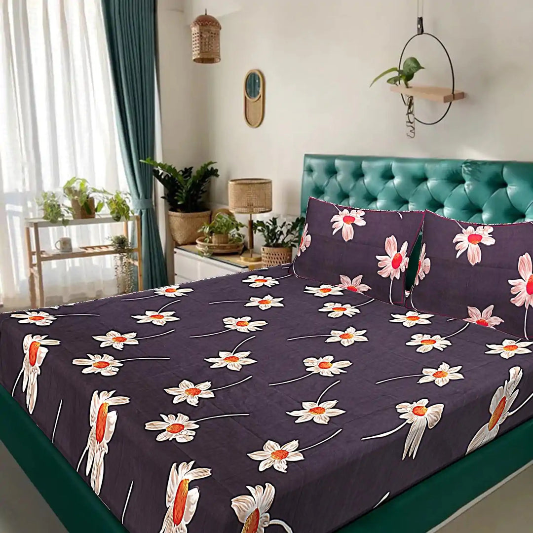 White Sunflower Elastic Fitted Double Bed Bedsheet