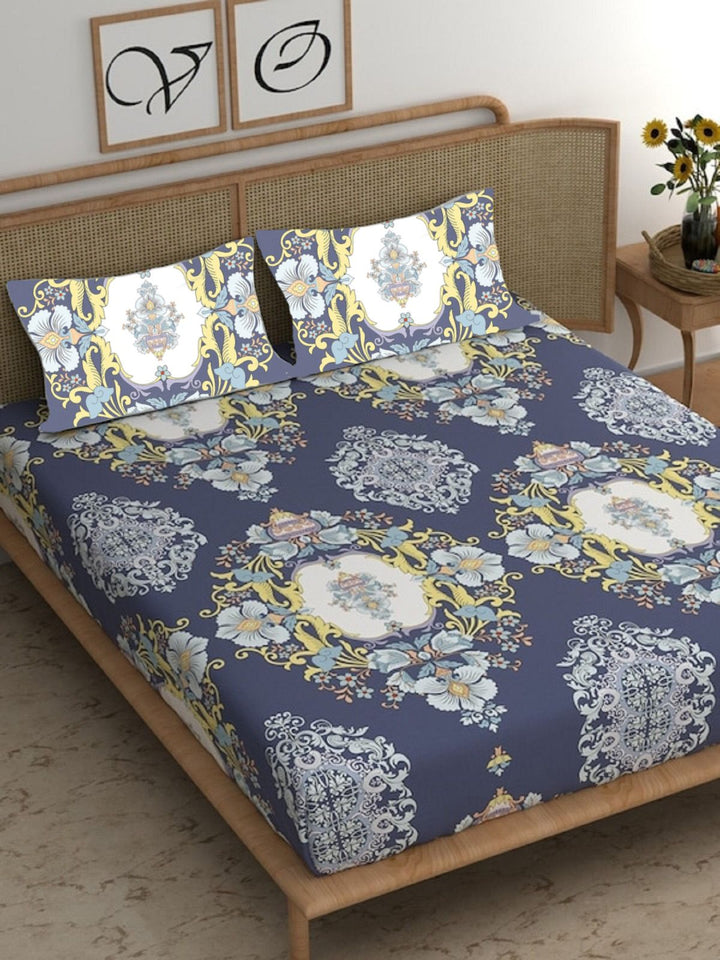 Floral Print Double Elastic Fitted Bed Sheet with 2 Pillow Covers