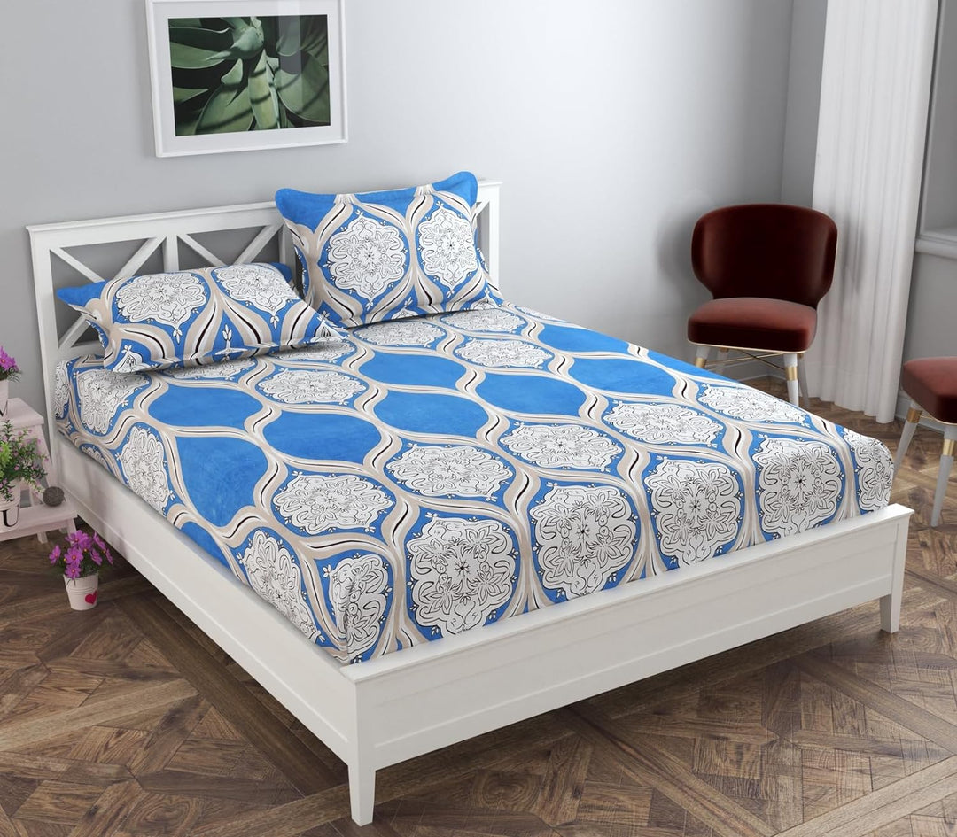 Blue Damask Blue Check King Size Double Bed Elastic Fitted Premium Bedsheet