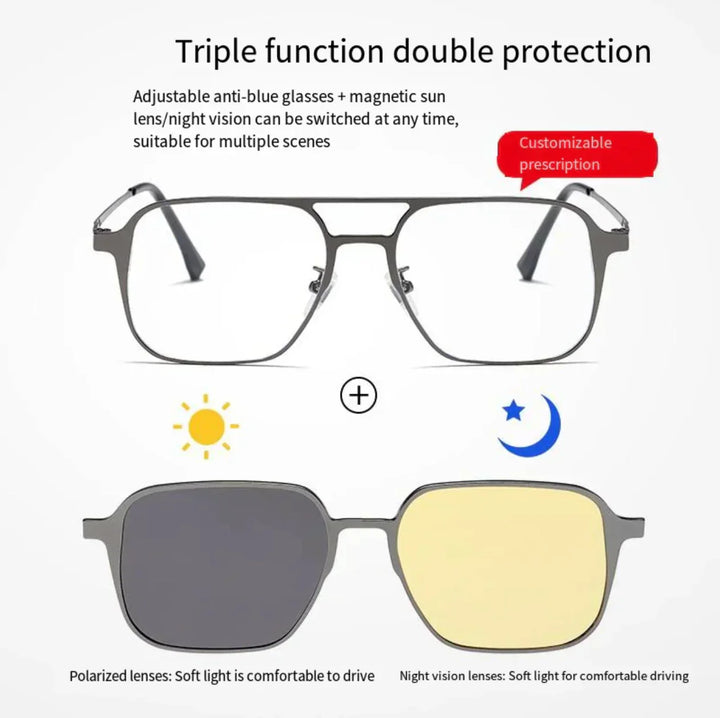 3-in-1 Magnetic Clip-On Glasses | Blue Light Blocking + Polarized + Night Vision Lenses