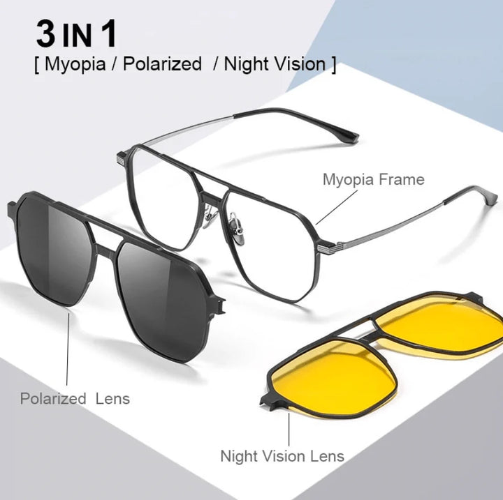 3-in-1 Magnetic Clip-On Glasses | Blue Light Blocking + Polarized + Night Vision Lenses