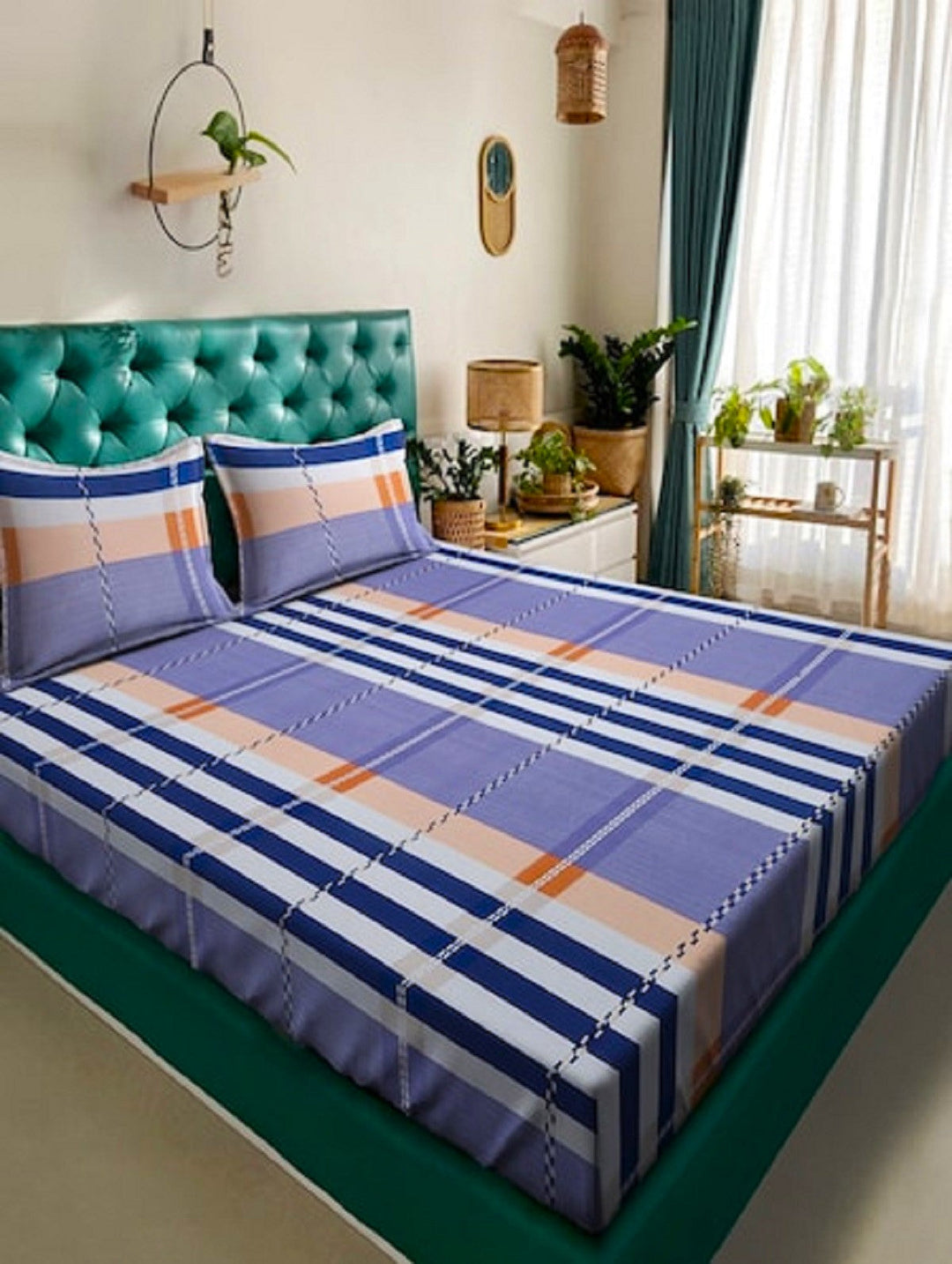 Blue Check King Size Double Bed Elastic Fitted Premium Bedsheet
