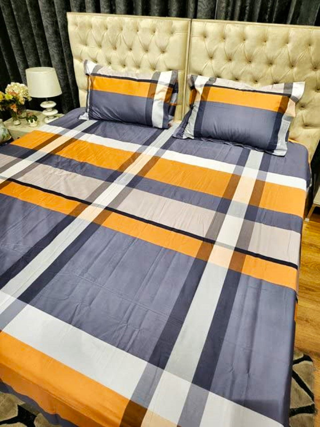 Blue Check King Size Double Bed Elastic Fitted Premium Bedsheet